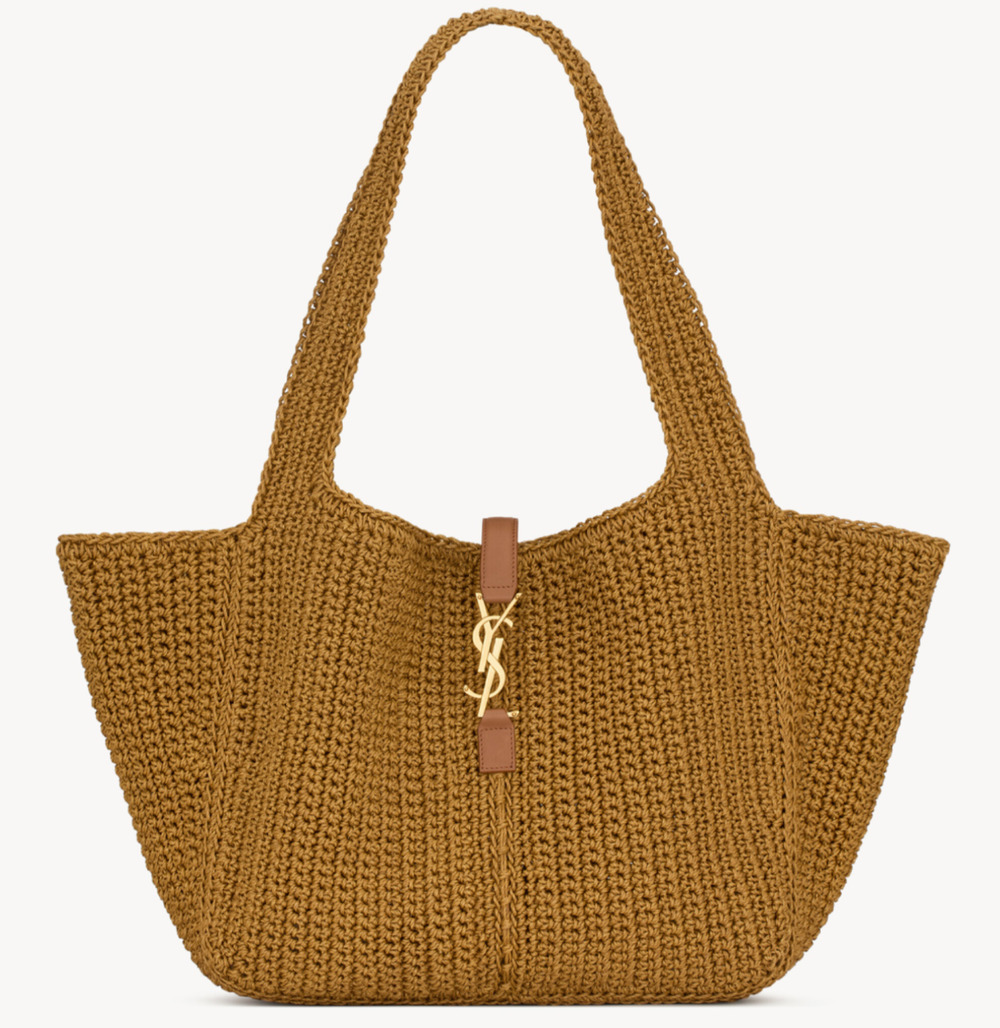 Saint Laurent Le 5 À 7 Bea Brown Beige Raffia Cord YSL Logo Tote Shoulder Bag